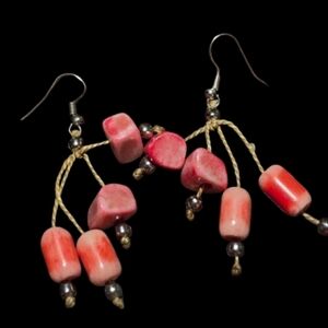 Reclaimed handcrafted salmon colour gemstone dangle earrings. 